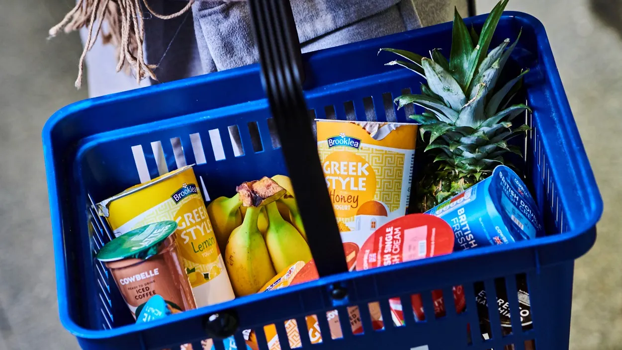 A person carrying a blue ALDI shopping basket filled with various groceries, including a fresh pineapple, bananas, Greek yogurt, and canned goods. The basket has the Aldi logo prominently displayed.