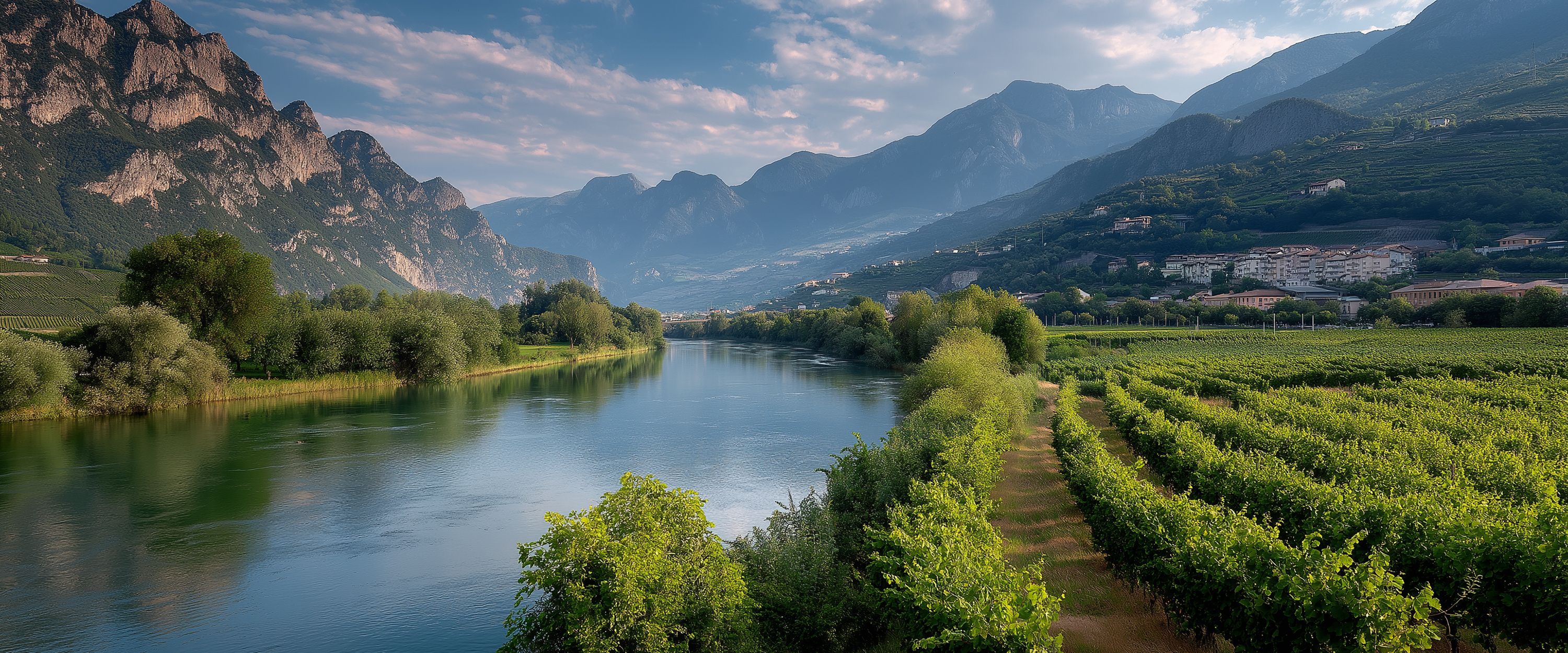 A scenic view of a lush valley with vineyards stretching alongside a calm river. Mountains rise in the background under a partly cloudy sky. The landscape is vibrant and peaceful, showcasing nature's beauty.