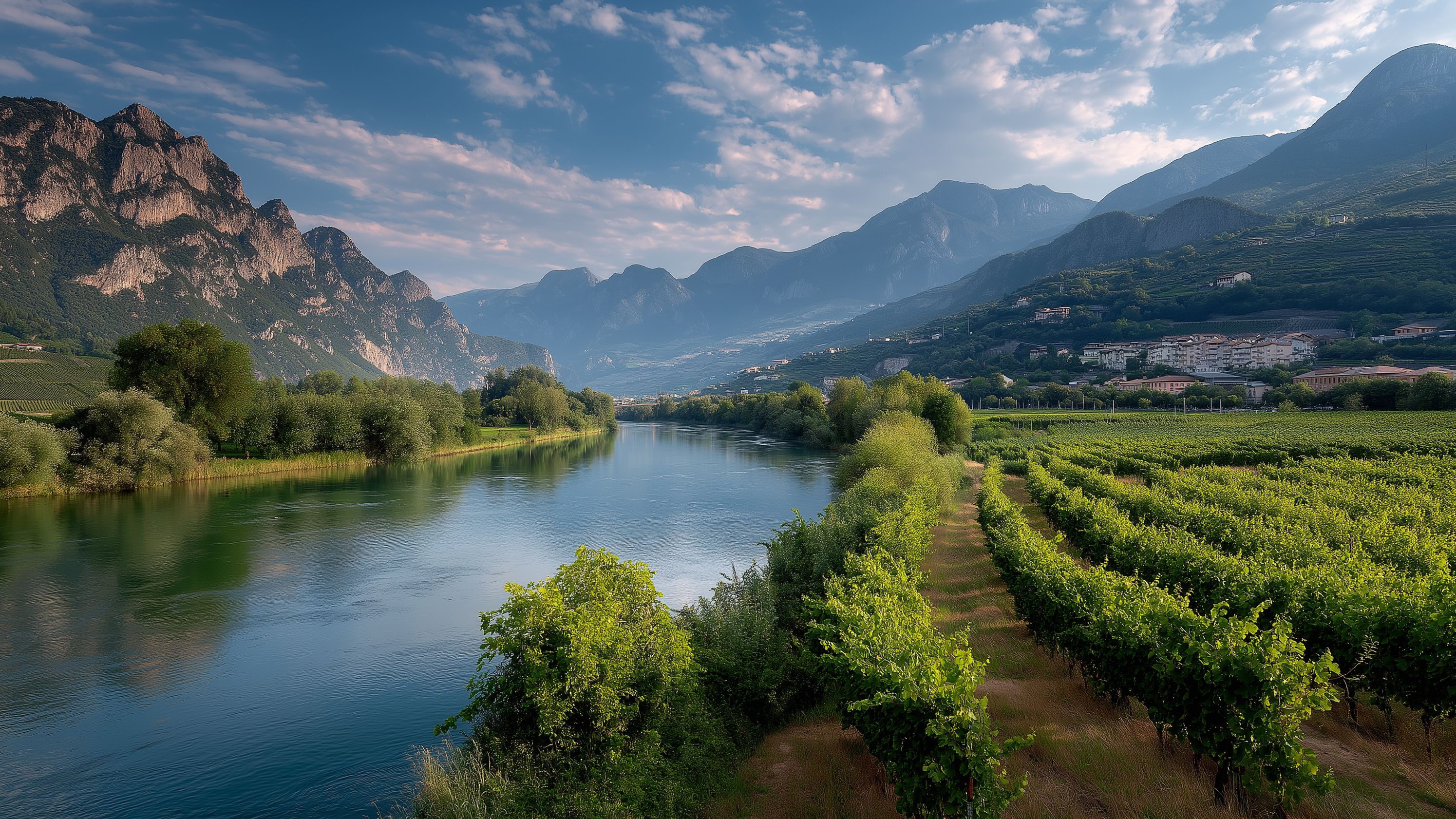 A scenic view of a lush valley with vineyards stretching alongside a calm river. Mountains rise in the background under a partly cloudy sky. The landscape is vibrant and peaceful, showcasing nature's beauty.