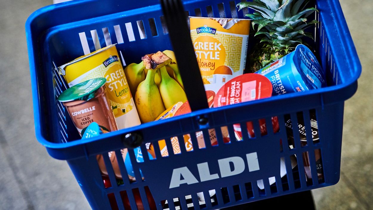 A person carrying a blue ALDI shopping basket filled with various groceries, including a fresh pineapple, bananas, Greek yogurt, and canned goods. The basket has the Aldi logo prominently displayed.