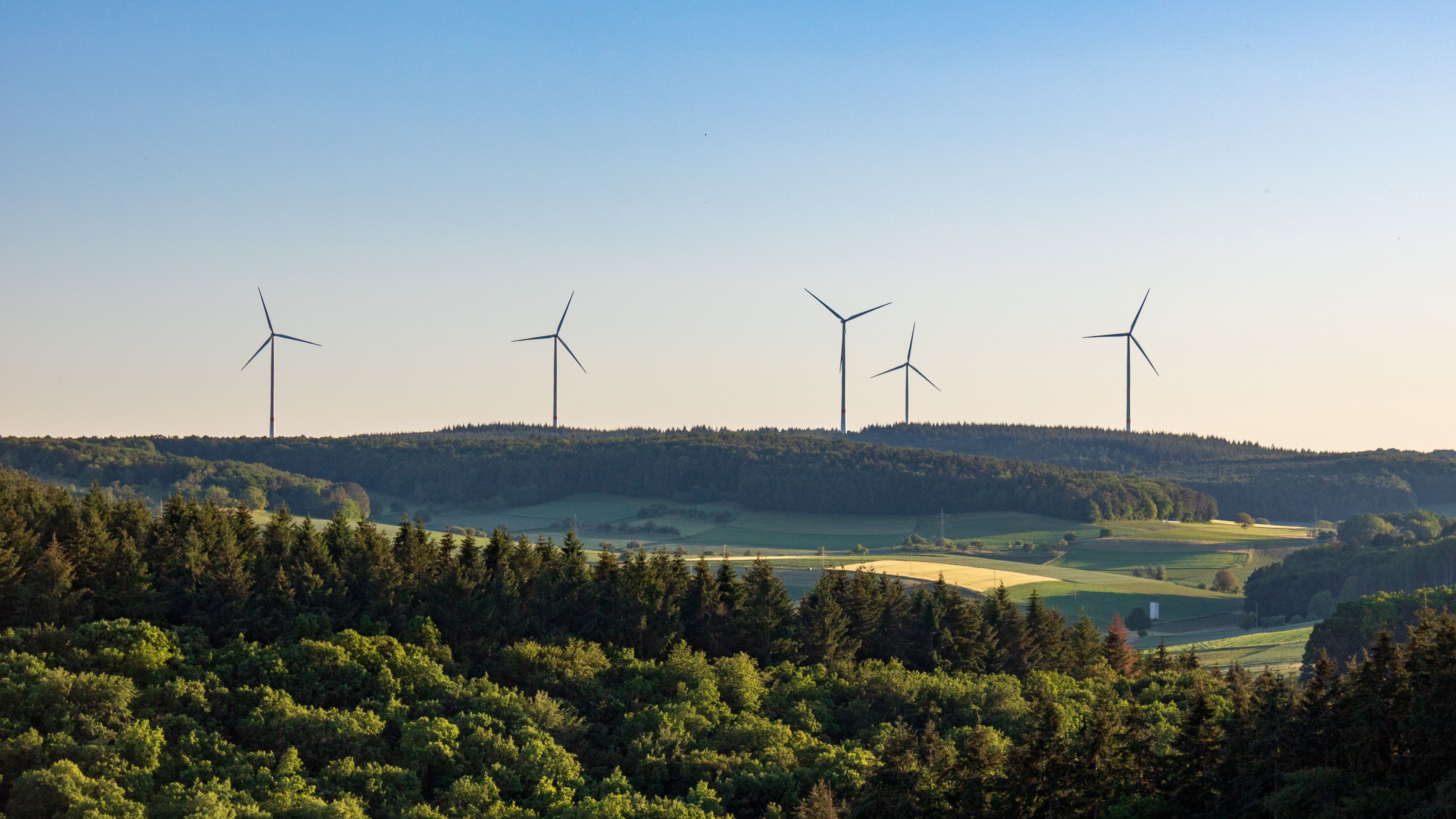 A landscape featuring several wind turbines on a hill surrounded by lush greenery and forests. The sky is clear and blue, creating a serene atmosphere. Rolling fields are visible between the forested areas.