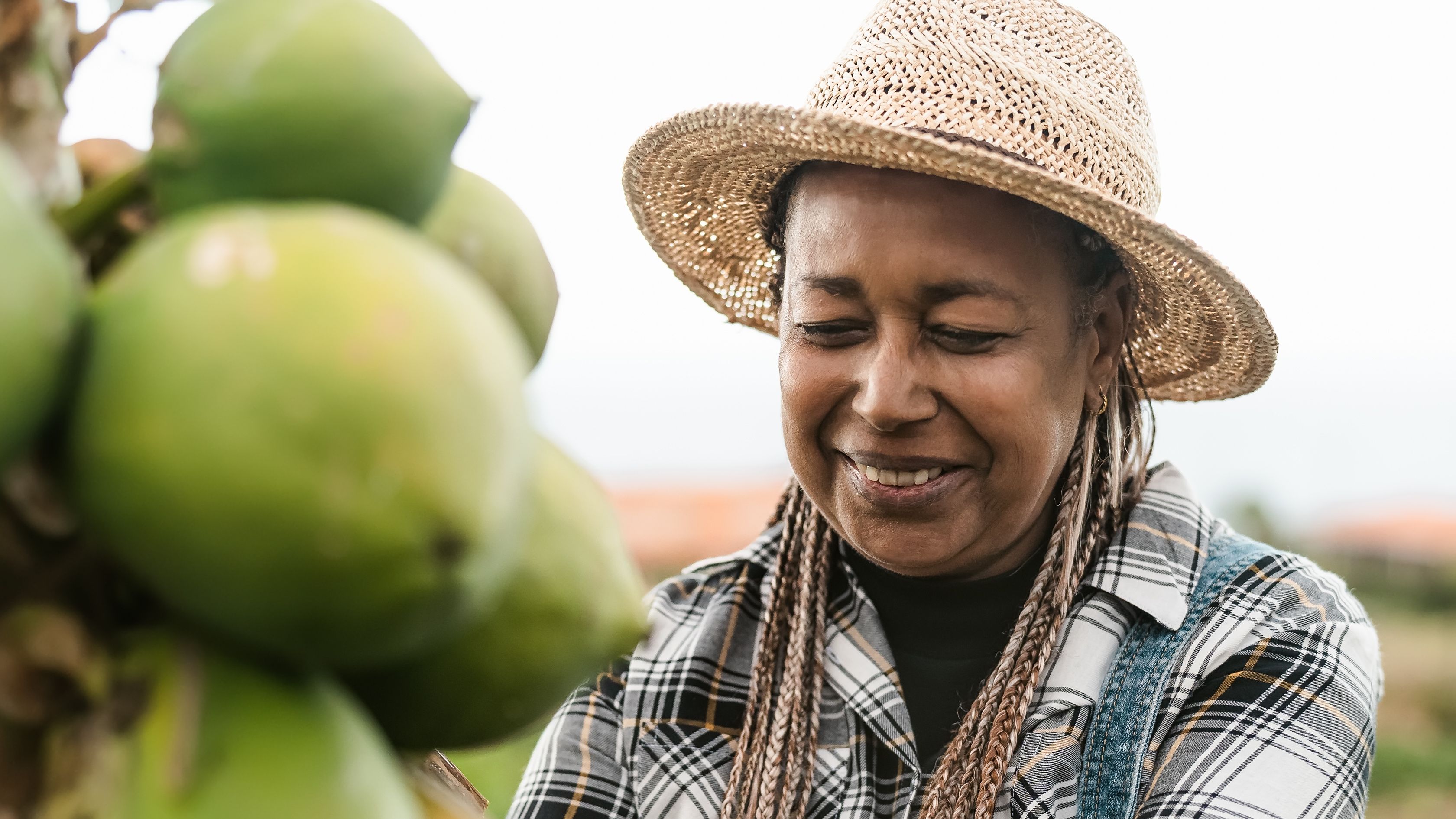A woman wearing a straw hat, plaid shirt, and overalls is harvesting fruit from a tree. She is smiling while holding a ripe yellow fruit among several green ones. The background shows a blurred outdoor setting with fields.