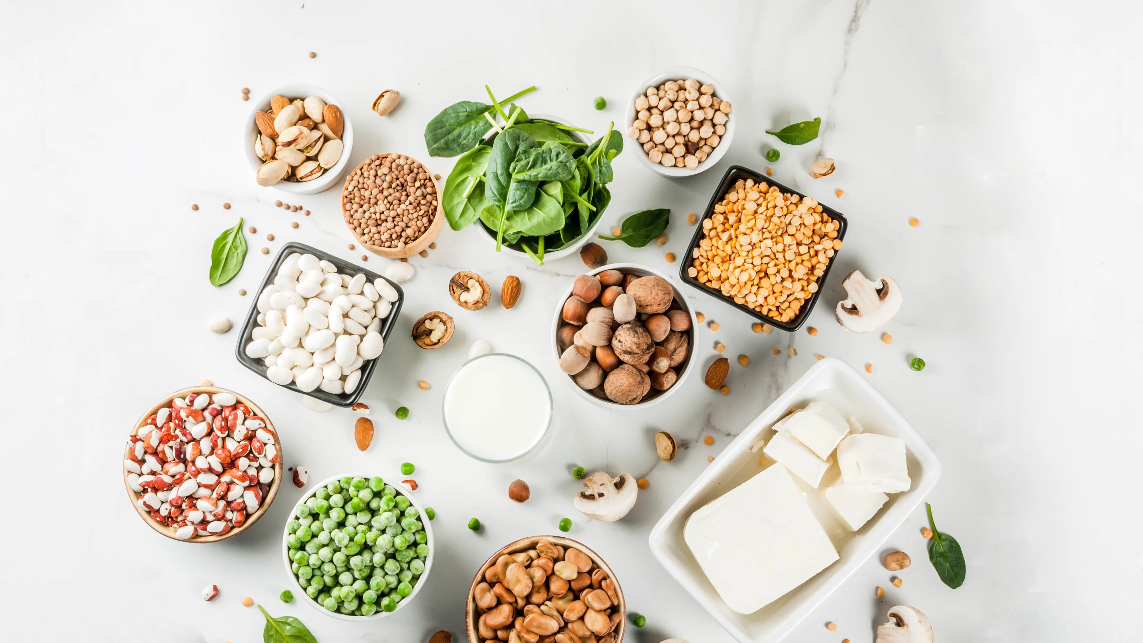 An assortment of plant-based protein sources displayed on a white surface, including tofu, legumes, nuts, peas, lentils, beans, spinach, and mushrooms. A small bowl of plant-based milk is also placed amongst the ingredients. Scattered leaves and nuts add a natural touch to the arrangement.