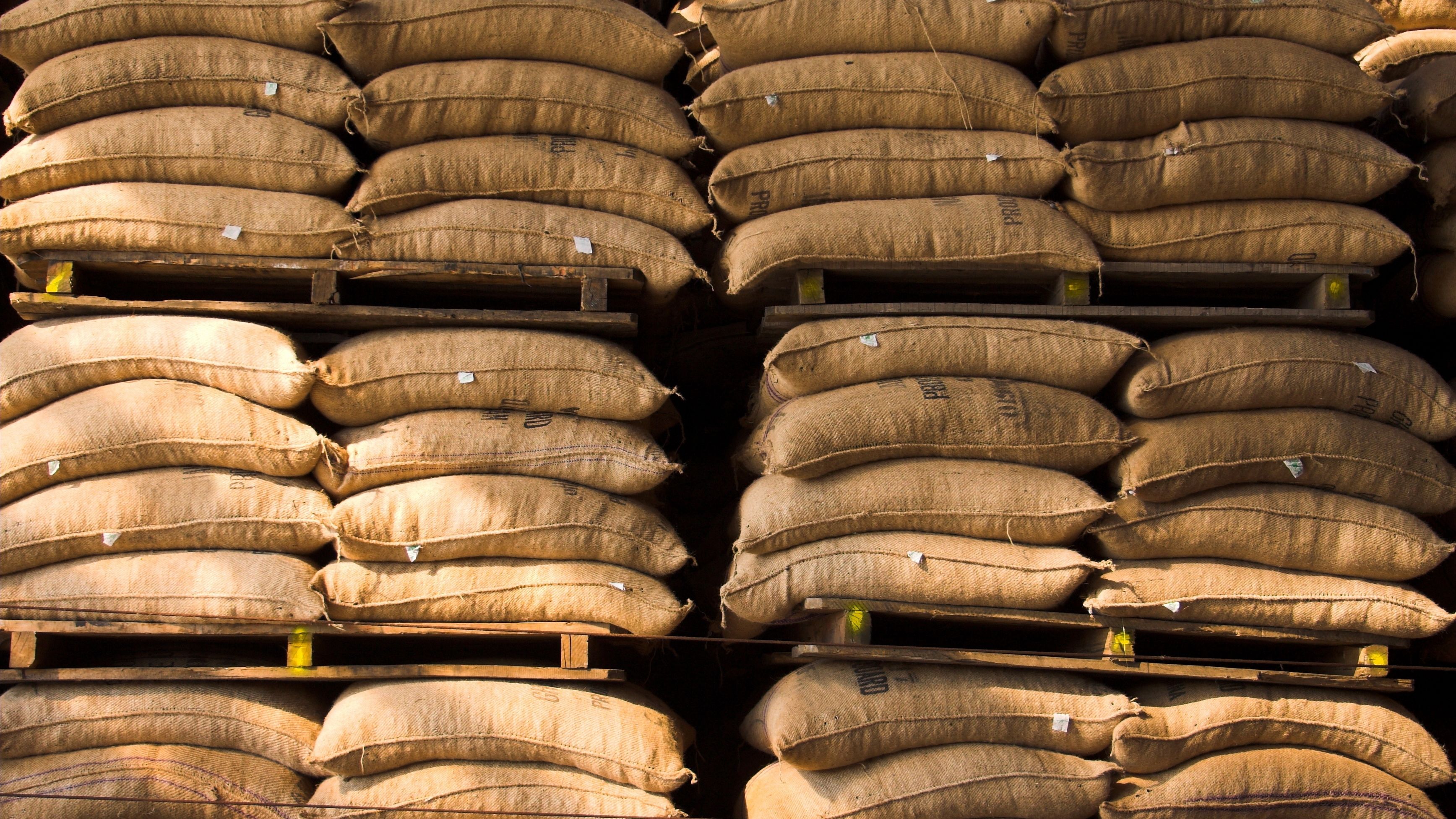 Stacks of large burlap sacks filled with goods are neatly arranged on wooden pallets in a warehouse. The sacks are uniform in size and color, creating an organized and symmetrical appearance. The scene is well-lit, emphasizing the texture of the fabric.