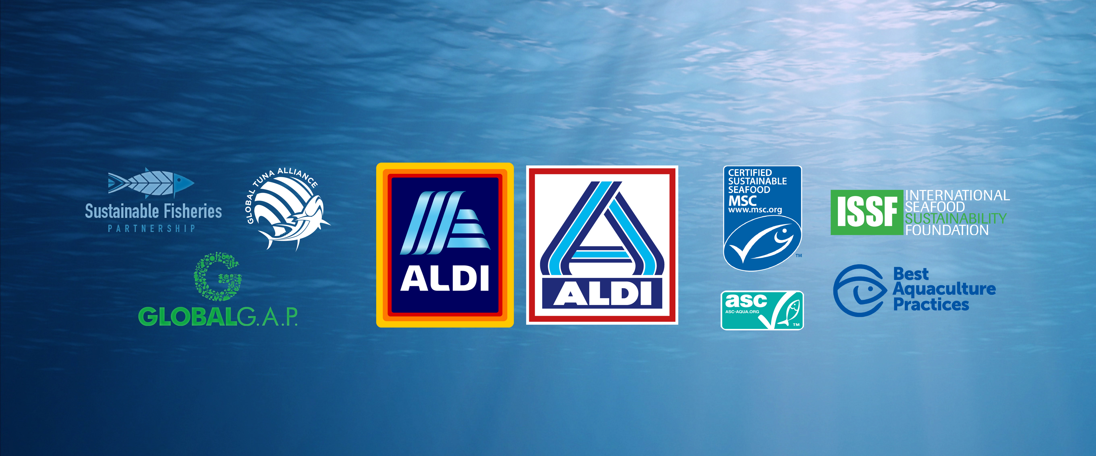An underwater background with light streaming through the water is overlaid with various sustainability logos and certifications, including Global G.A.P., MSC, ASC, and ISSF. At the center, two Aldi logos are prominently displayed, representing the company alongside these sustainability entities.