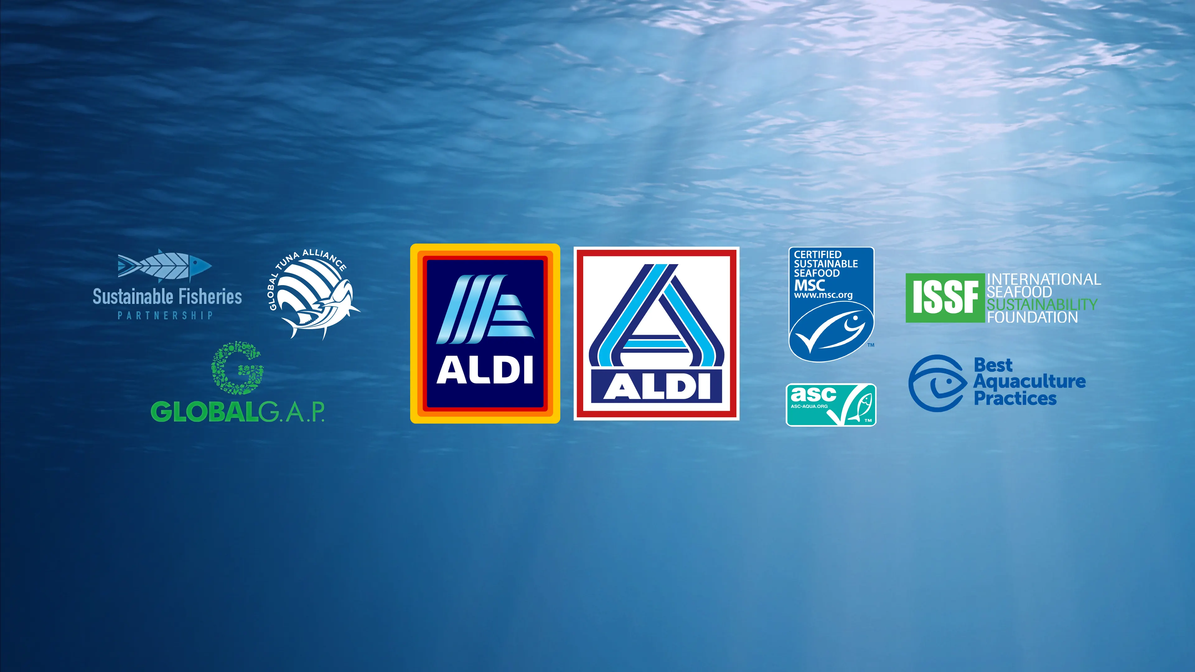 An underwater background with light streaming through the water is overlaid with various sustainability logos and certifications, including Global G.A.P., MSC, ASC, and ISSF. At the center, two Aldi logos are prominently displayed, representing the company alongside these sustainability entities.