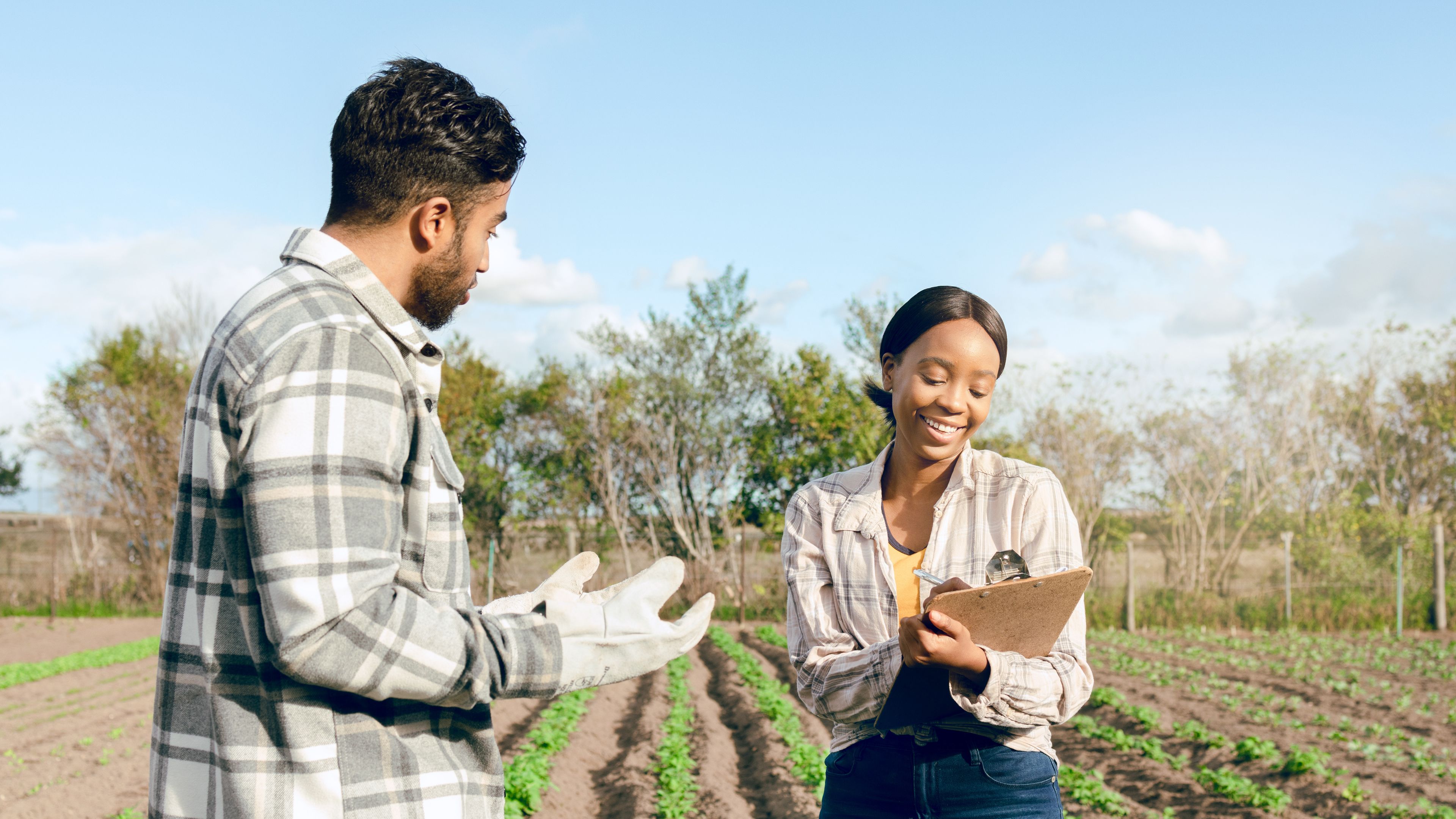 A man and a woman are standing in a farm field, discussing something. The man is gesturing with his hands while the woman smiles and looks at a clipboard. Rows of crops and trees are visible in the background under a blue sky.