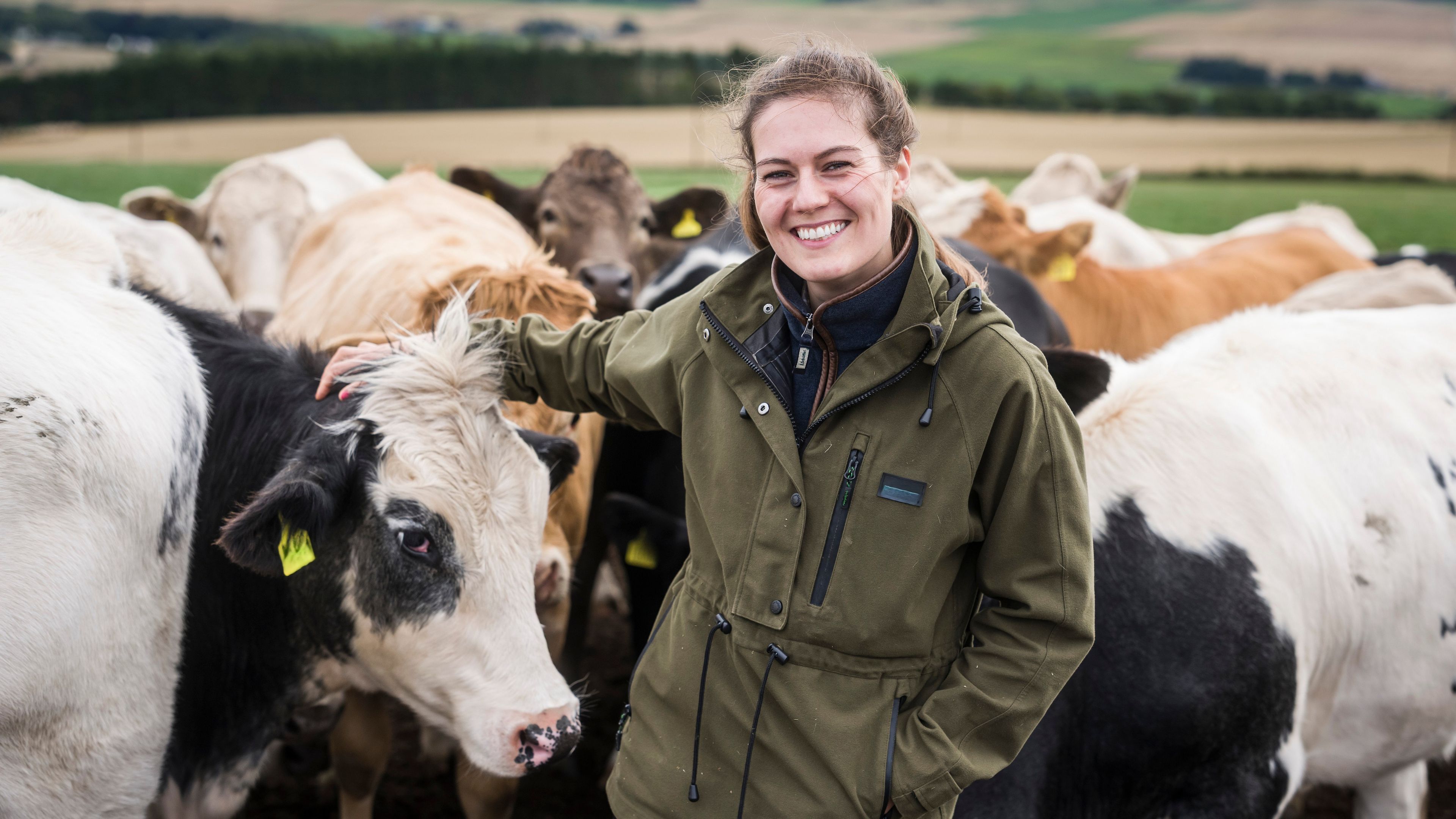 A person wearing a green jacket stands among a herd of cows in a rural setting. They are smiling and touching one of the cows with a black-and-white coat. The background shows a field and greenery.