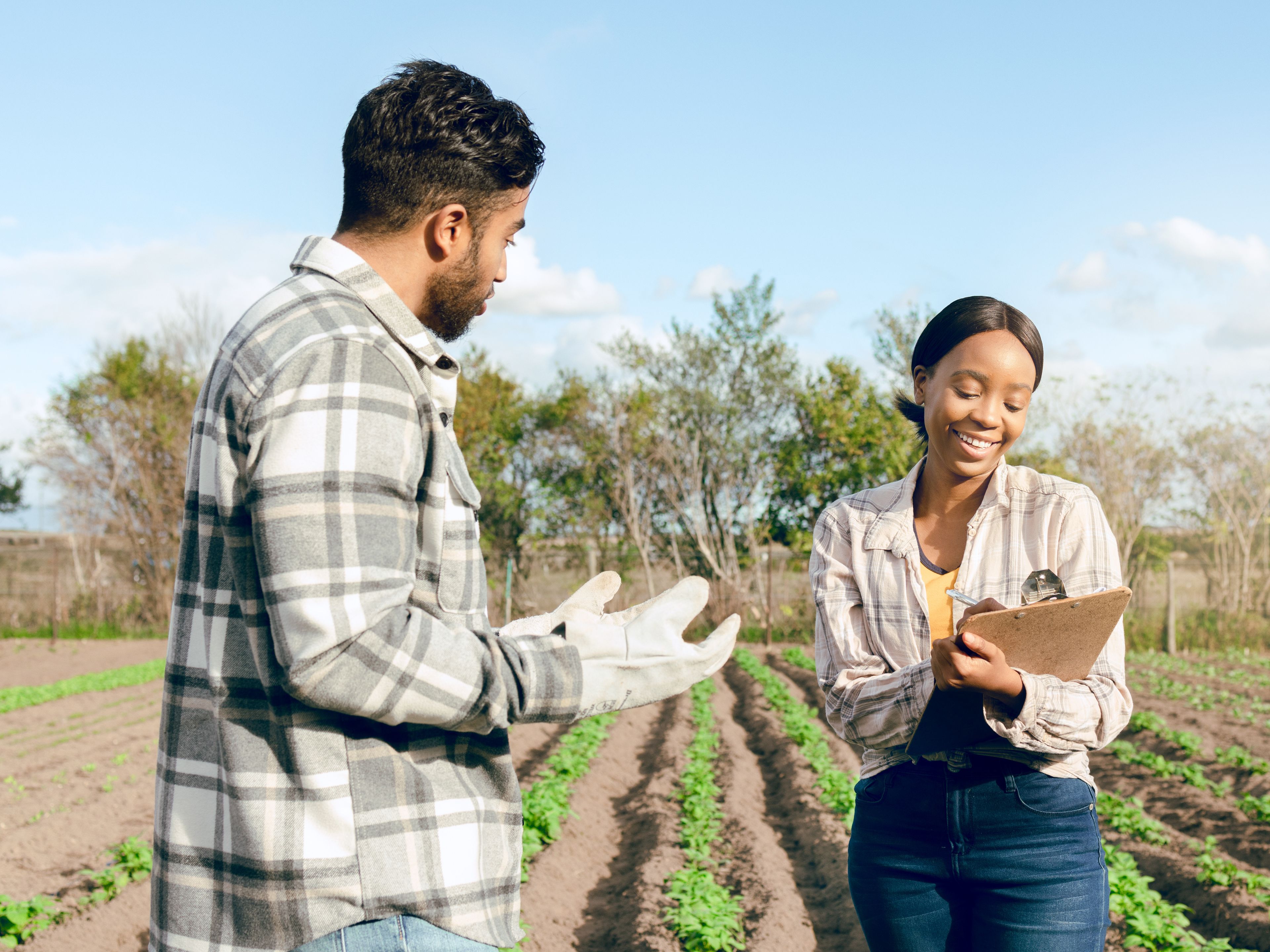 A man and a woman are standing in a farm field, discussing something. The man is gesturing with his hands while the woman smiles and looks at a clipboard. Rows of crops and trees are visible in the background under a blue sky.