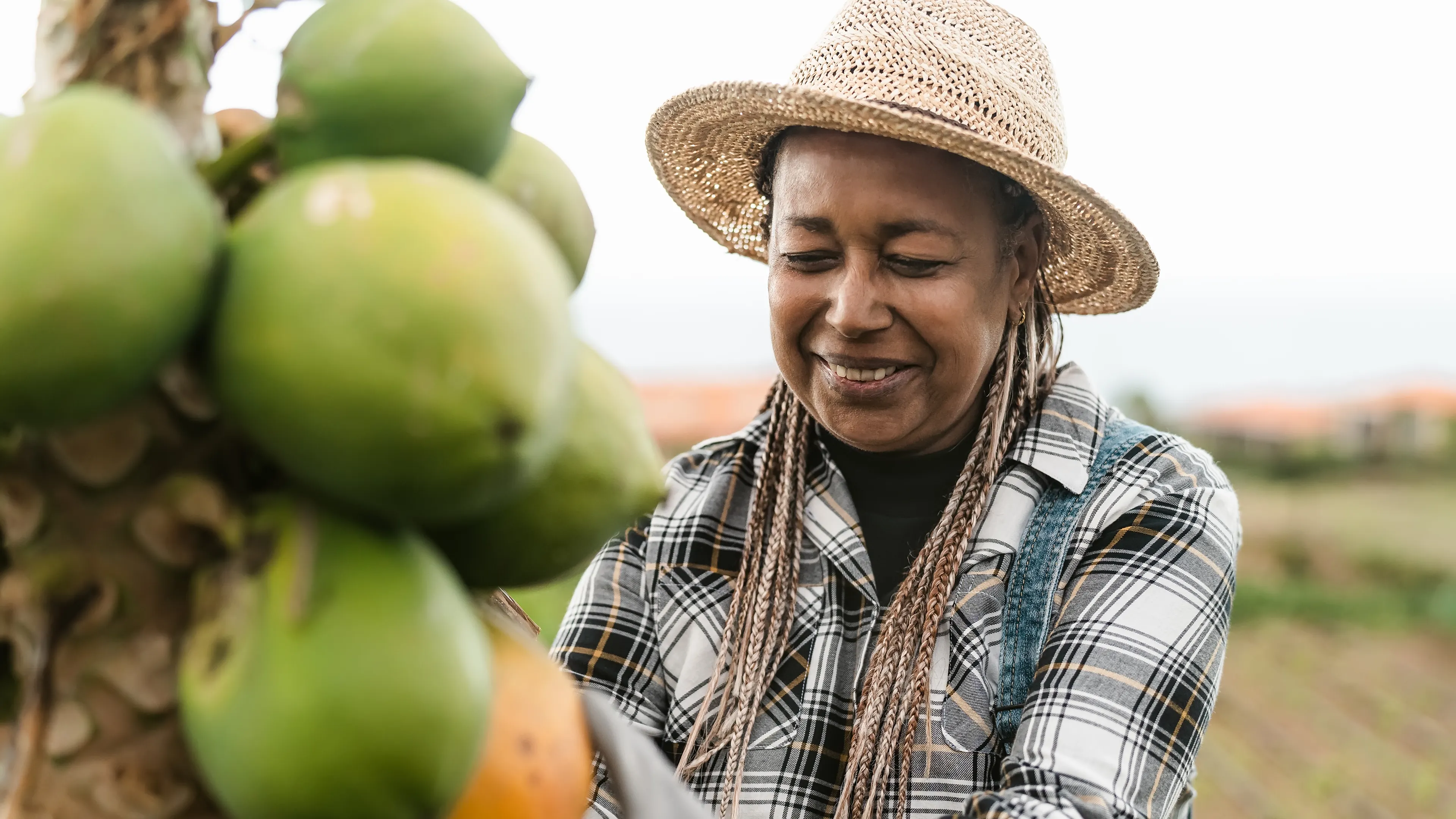 A woman wearing a straw hat, plaid shirt, and overalls is harvesting fruit from a tree. She is smiling while holding a ripe yellow fruit among several green ones. The background shows a blurred outdoor setting with fields.